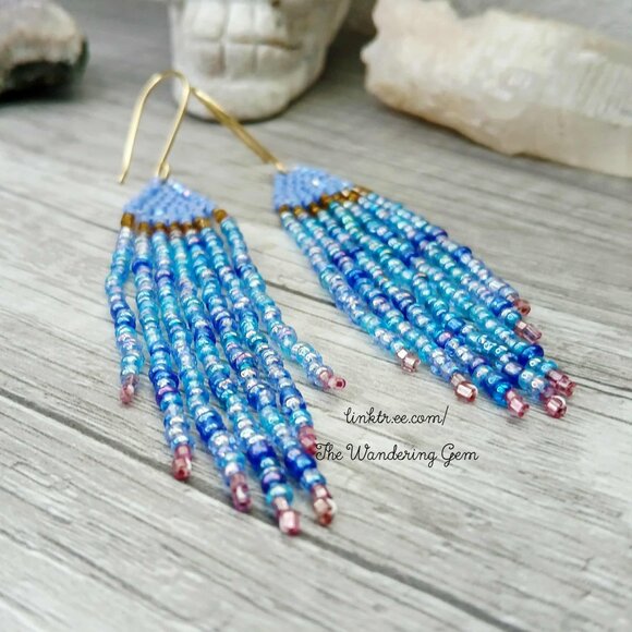 Boho Beaded Fringe Cascade Shoulder Duster Dangle Earrings, Blue & Gold 3.5" - Picture 6 of 10